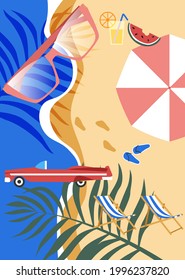 Summer holiday abstract collage. Beach, ocean, drinks, umbrella, palm trees, sunglasses, sun loungers, convertible. Vintage postcard, banner about vacation and summer vacations