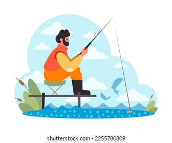 Summer holiday activities. Character with fishing rod. Summer fishing vacation, relaxation on nature. Sport fishing competition. Flat vector illustration