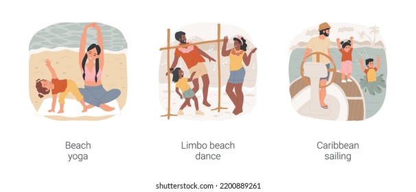 Summer Holiday Activities Isolated Cartoon Vector Illustration Set. Beach Yoga Class, Seaside Activity, Limbo Dance, Beach Fun, Caribbean Sailing, Family Riding Small Yacht Vector Cartoon.