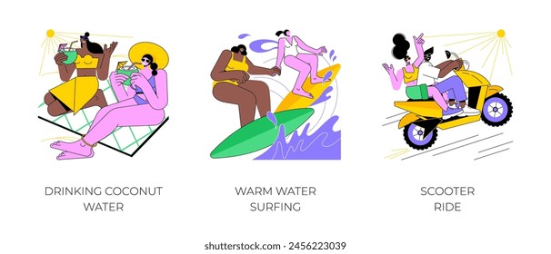 Conjunto de Ilustraciones vectoriales de dibujos animados aisladas de las actividades de vacaciones de verano. Beba agua de coco fresca, ubicación tropical, diversas personas surfeando en agua caliente, pareja feliz montando scooter Vector de dibujos animados.