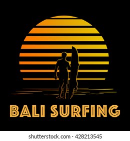 Summer holiday activity design. Tropic sunset. Man with a surfboard silhouettes on black and golden stripes. Minimalistic style logo. EPS10 vector illustration.