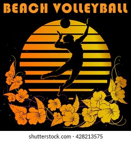 Summer holiday activity design. Tropic sunset. Man playing beach volleyball silhouettes on black and golden stripes. Flower garland vignette. EPS10 vector illustration.