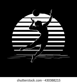 Summer holiday activity design. Tropic sunset. Man playing beach volleyball silhouettes on black and white stripes. Minimalistic style logo. EPS10 vector illustration.