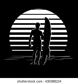 Summer holiday activity design. Tropic sunset. Man with a surfboard silhouettes on black and white stripes. Minimalistic style logo. EPS10 vector illustration.