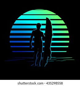 Summer holiday activity design. Tropic sunset. Man with a surfboard silhouettes on black and blue-green stripes. Minimalistic style logo. EPS10 vector illustration.