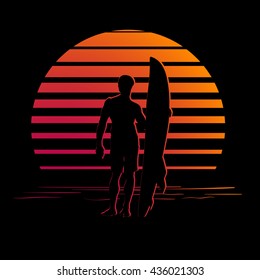 Summer holiday activity design. Tropic sunset. Man with a surfboard silhouettes on black and orange stripes. Minimalistic style logo. EPS10 vector illustration.