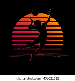 Summer holiday activity design. Tropic sunset. Man playing beach volleyball silhouettes on black and orange stripes. Minimalistic style logo. EPS10 vector illustration.