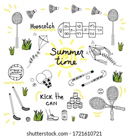 Summer holiday activity symbols set. Outdoor games collection. Stock vector illustration set on white background. Summer sport. Kids activities. Hand drawn sketch style.