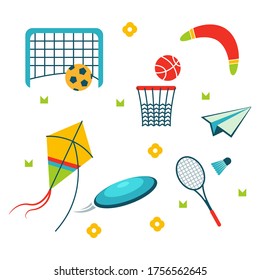 Summer holiday activity symbols set. Vector illustration set of isolated vacation summer elements. Elements flat collection of summer outdoor recreation and on the beach. Summer sport. Kids activities