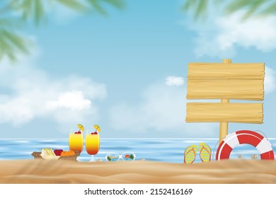 Summer holiday background with blue ocean, could, sky and wooden signboard on beach sand with blurry palm leaf. Vector banner tropical seaside on with picnic, food, cocktail, sunglass, sandal on sand