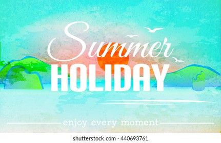 Summer holiday background. Summer card. Sunset background. Watercolor vector landscape. Vector illustration