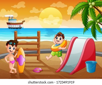 Summer holiday background with children at the beach