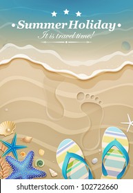 Summer Holiday Background With Footprints In Sand. Vector Illustration.