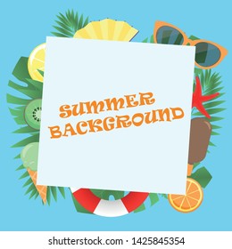 summer holiday background with glasses, starfish, tropical leaves, lifebuoy, lemon, orange, kiwi, ice cream