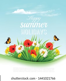 Fundo de férias de verão com uma grama verde e flores e borboletas. Vetor.