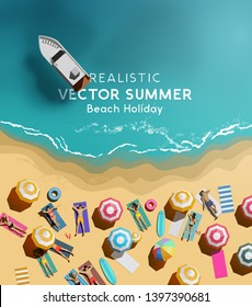 Summer holiday background with a group of people relaxing and having fun by the sea. Top down / aerial view vector illustration.