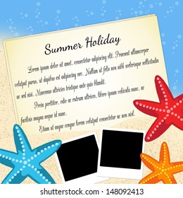 Summer holiday background with paper with space for your text, instant photos and starfish, vector illustration