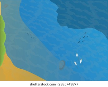 Summer holiday background with sandy beach on tropical island. Top aerial view. Bird eye view, water, tourism, adventures, vacation.