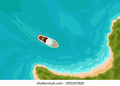 Summer holiday background with speed boat sailing to a sandy beach on tropical island. Top aerial view. Bird eye view, water sport theme, tourism, yacht rental, adventures, vacation, cruising