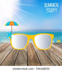 Summer holiday background. Sunglassess on wood terrace. Vector illustration.