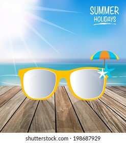 Summer holiday background. Sunglassess on wood terrace. Vector illustration.