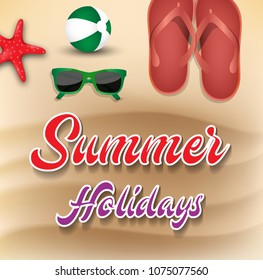 Summer Holiday background. Top view on beach ball, flipflop, starfish and sunglasses in the beach sandy 
