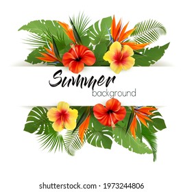 Summer Holiday Background With Tropical Plants And Exotic Flowers. Vector