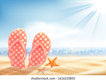 Summer holiday background, vacation on a sunny beach, polka dot flip-flop and starfish on the sand, vector illustration.