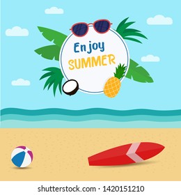 Summer holiday background vector illustration with pineapple, coconut, surfboard, and ball. Beach background design.