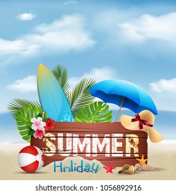 Summer holiday background with a wooden sign for text and beach elements