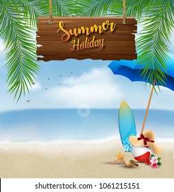 Summer holiday background with a wooden sign for text and beach elements