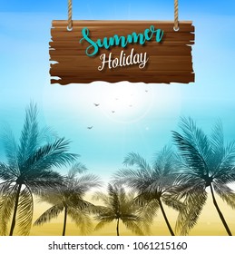 Summer holiday background with a wooden sign and palm trees