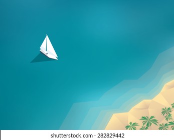 Summer holiday background with yacht sailing to a sandy beach on tropical island. Low polygonal design. Eps10 vector illustration.