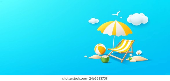 Summer holiday banner, beach umbrella, beach bed, coconut fruit, pile of sand, design on blue background, EPS 10 vector illustration
