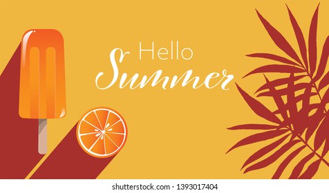 Summer holiday banner design, with Popsicles ice-cream, leaves and orange for summer season. Vector illustration.
