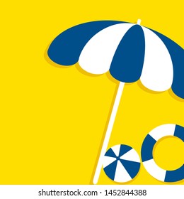 Summer Holiday banner illustration on yellow background. Vacation and travel concept. Umbrella, beach ball and lifebuoy ring. Flat style vector illustration.