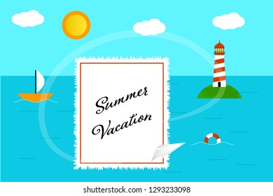 Summer holiday banner with sea, boat, lighthouse, sun and clouds. Vector illustration in flat style with modern typography.