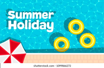 Summer holiday banner with space for text. Yellow pool float and sun umbrella. Ring floating in a refreshing blue swimming pool. Colorful poster for summer pool party. Hello summer banner