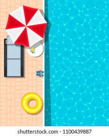 Summer holiday banner with space for text. Yellow inflatable ring, beach lounger, sun umbrella, flip flops and cocktail. Beach lounger near refreshing blue swimming pool. Poster for summer relax