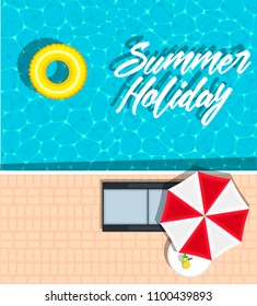 Summer holiday banner with space for text. Yellow pool float, sun umbrella and cocktail. Beach lounger near refreshing blue swimming pool. Colorful poster for summer relax. Summer time banner