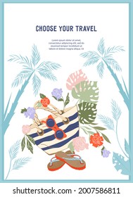 Plantilla de banner de vacaciones de verano con bolsa de playa y palmeras tropicales, ilustración de vector plano. Viajes de verano y antecedentes turísticos. Descanso en el mar y vacaciones en la playa.