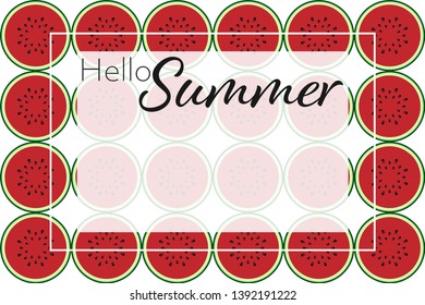 Summer holiday banner template of Hello Summer text on white frame for your copy space with watermelons slices on white background. Vector illustration.