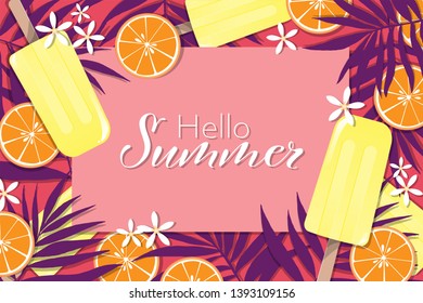 Summer holiday banner template, with Popsicles ice-cream, leaves and orange for summer season. Vector illustration.
