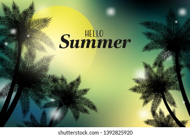 Summer holiday banner with tropical backgrounds with coconut trees and sunset sky.