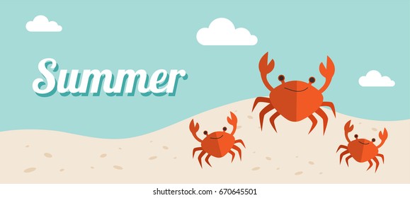 Summer holiday banner Vector Illustration, beach with waves, sand sky and crabs