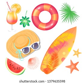 Summer holiday banner vector placard sample. Surfboard and palm leaves print and inflatable ring, straw hat with sun glasses, cocktail and watermelon