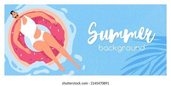 Summer holiday banner with woman in swimwear relaxing, swimming on inflatable donut ring on water pool background. Summertime vacation, sea resort promotion card. Colored flat vector illustration