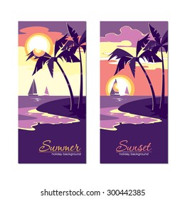 Summer holiday banners with sunset in flat design style