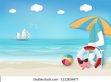 Summer holiday beach background, nautical concept. Paper art, paper craft style illustration