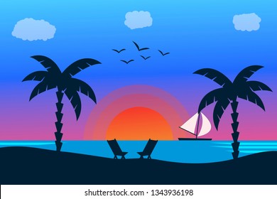 Summer holiday beach background. Tropical paradise, palm trees silhouette